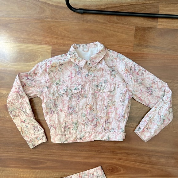 Topshop pink floral denim coordinating denim jean skirt jacket set - Picture 4 of 13